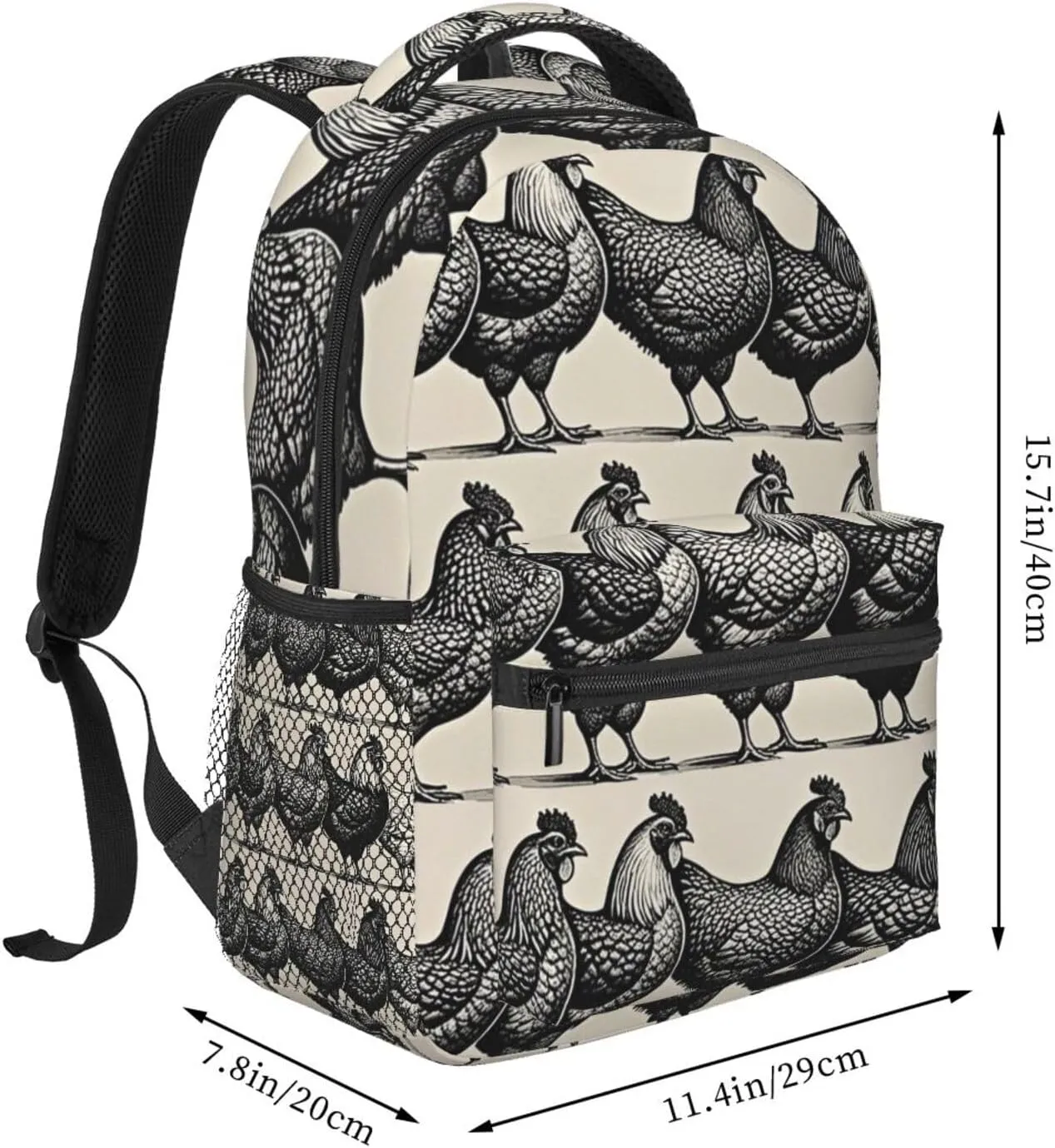 Women Men Polyester Chicken Rooster Black Art Casual Daypack Large Capacity Bookbag With Side Pockets for Sports Picnic Walking Cycling