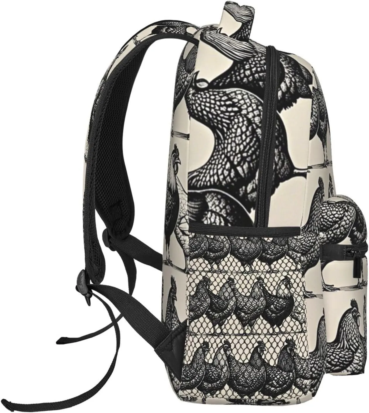 Women Men Polyester Chicken Rooster Black Art Casual Daypack Large Capacity Bookbag With Side Pockets for Sports Picnic Walking Cycling
