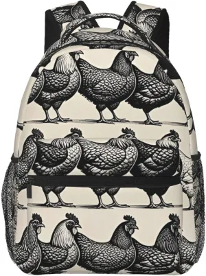 Women Men Polyester Chicken Rooster Black Art Casual Daypack Large Capacity Bookbag With Side Pockets for Sports Picnic Walking Cycling
