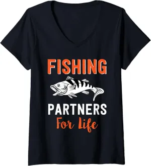 Womens Fishing Partners For Life, Trout Fishing, Couples Fishing V-Neck T-Shirt