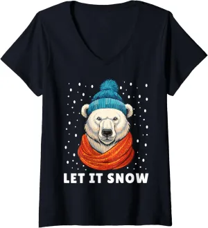 Womens Funny Polar Bear Tee Winter Christmas Ice Bear Let It Snow V-Neck T-Shirt
