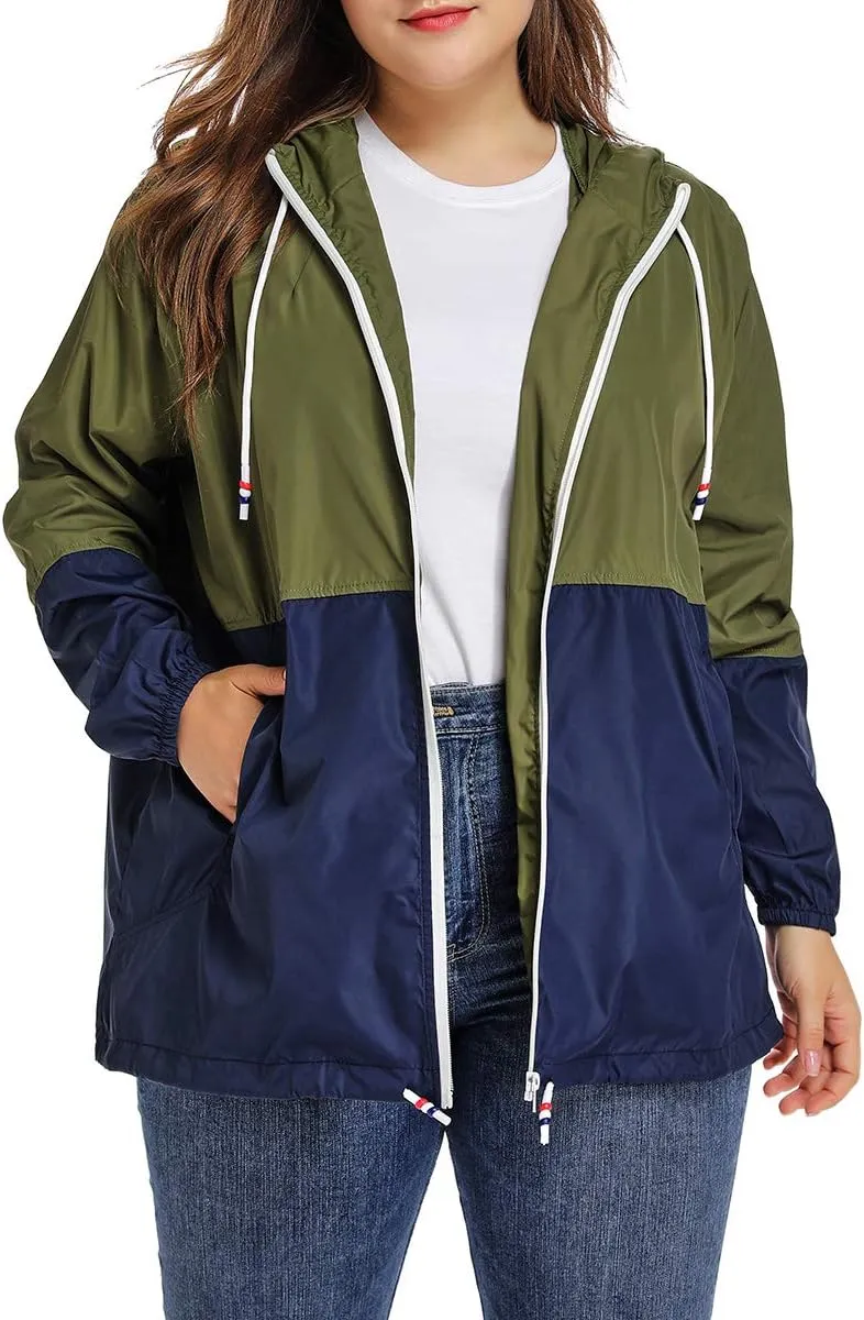 Women's Plus Size Rain Jacket Lightweight Hooded Rain Coat Windbreaker