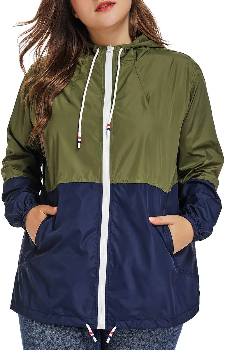 Women's Plus Size Rain Jacket Lightweight Hooded Rain Coat Windbreaker