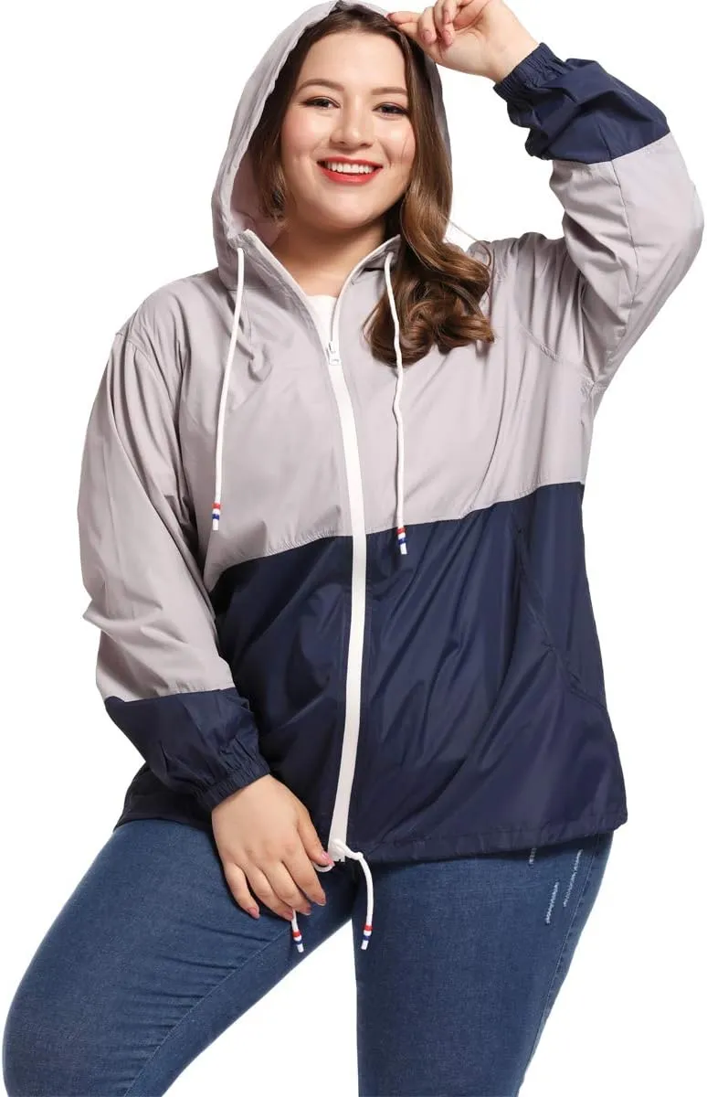 Women's Plus Size Rain Jacket Lightweight Hooded Rain Coat Windbreaker