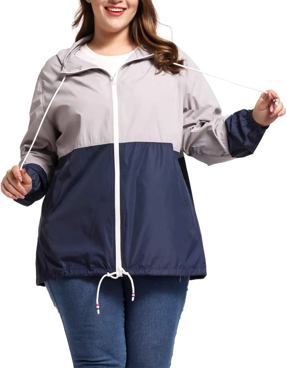 Women's Plus Size Rain Jacket Lightweight Hooded Rain Coat Windbreaker