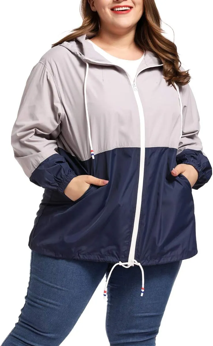 Women's Plus Size Rain Jacket Lightweight Hooded Rain Coat Windbreaker