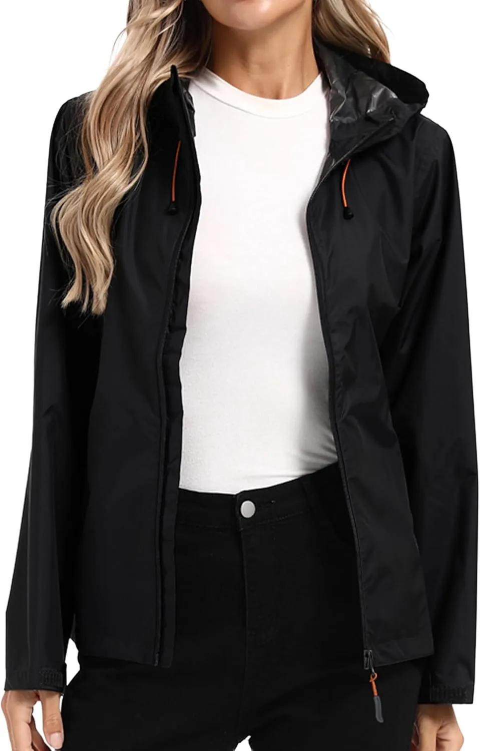 Women's Rain Jacket Lightweight Waterproof Rain Coat with Hooded Windproof Adjustable Windbreaker
