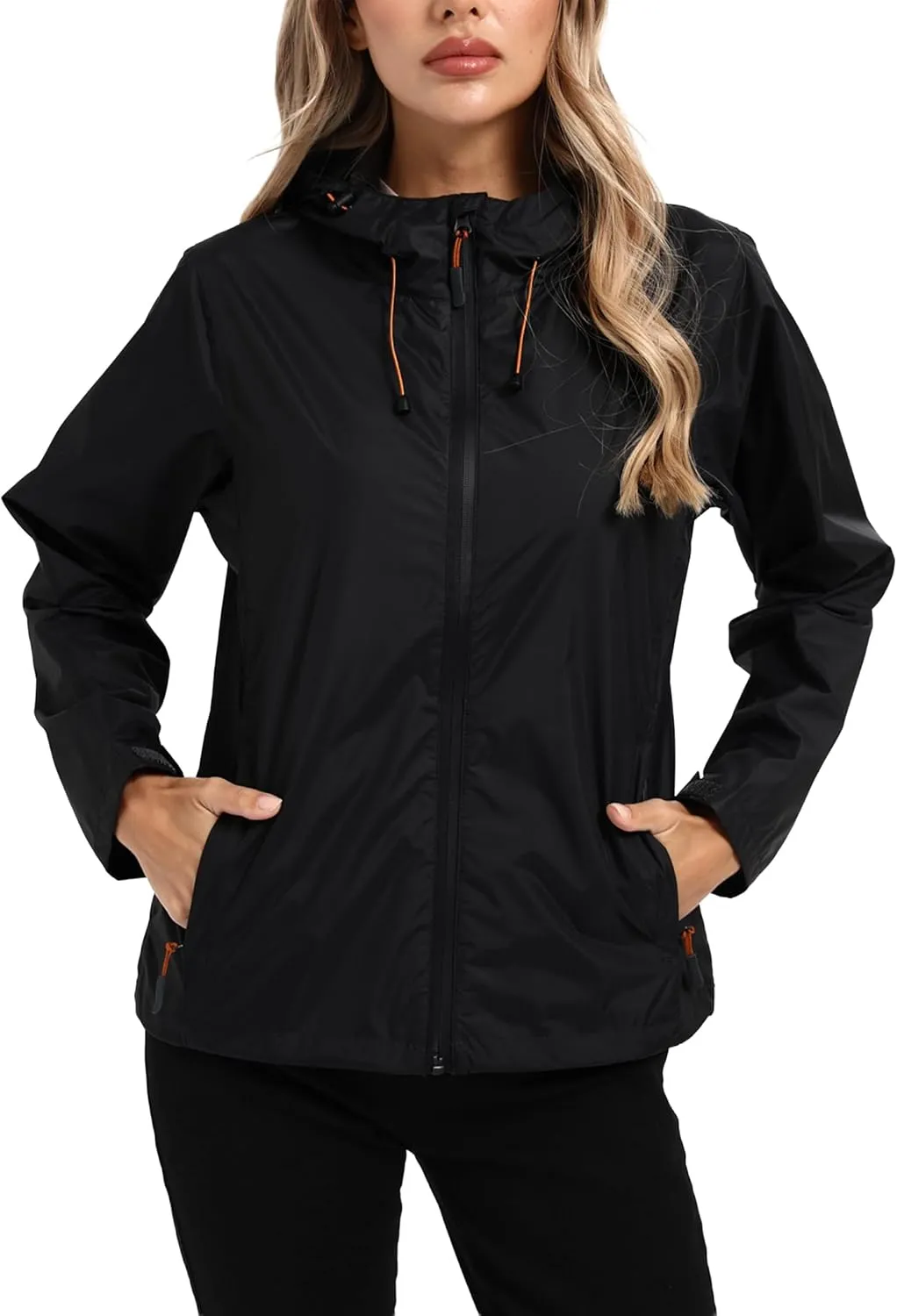 Women's Rain Jacket Lightweight Waterproof Rain Coat with Hooded Windproof Adjustable Windbreaker