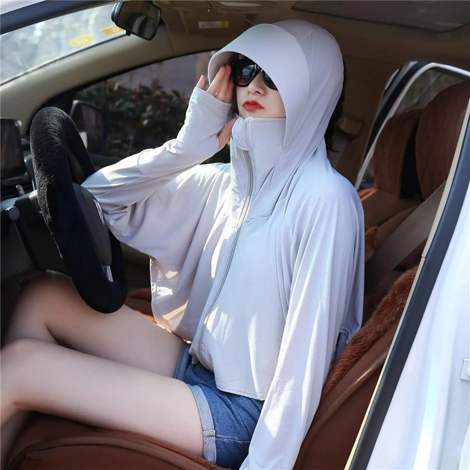 Women's UPF 120  UV Sun Protection, Hooded Face Covering, Breathable Sun Protection Clothing, Gray, One Size,Running Fishing Windbreaker