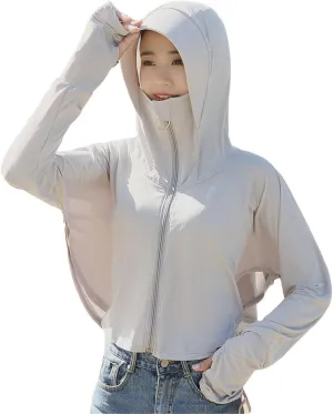 Women's UPF 120  UV Sun Protection, Hooded Face Covering, Breathable Sun Protection Clothing, Gray, One Size,Running Fishing Windbreaker