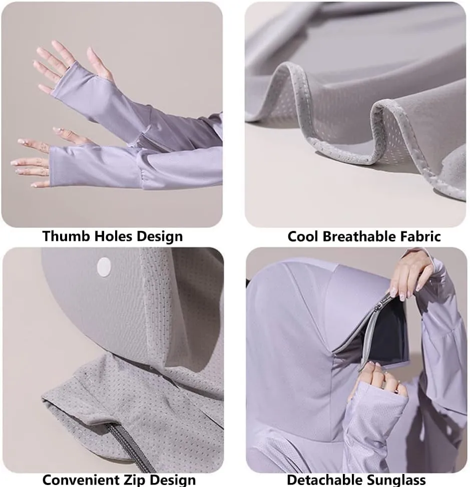Women's UPF 50  Sun Protection Zip Hoodie Ice-Like Jacket Sunscreen Breathable Sun Shirt Sports Movable Sunglass