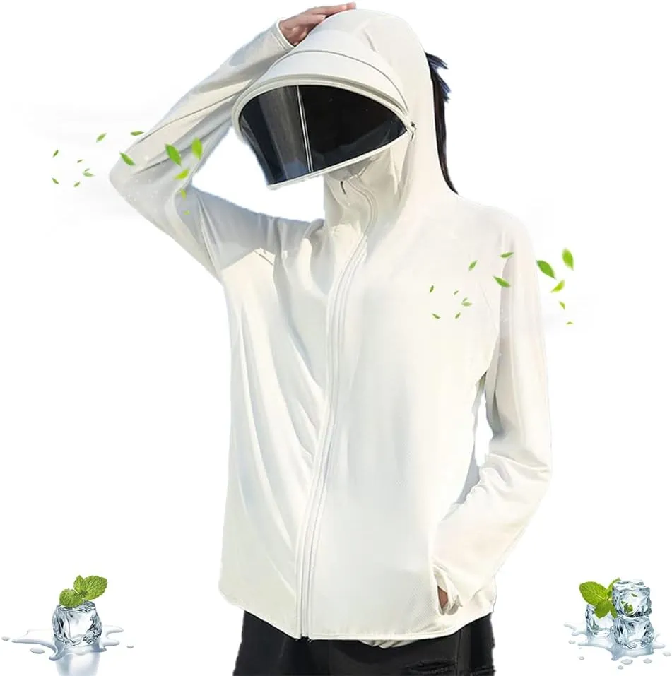 Women's UPF 50  Sun Protection Zip Hoodie Ice-Like Jacket Sunscreen Breathable Sun Shirt Sports Movable Sunglass