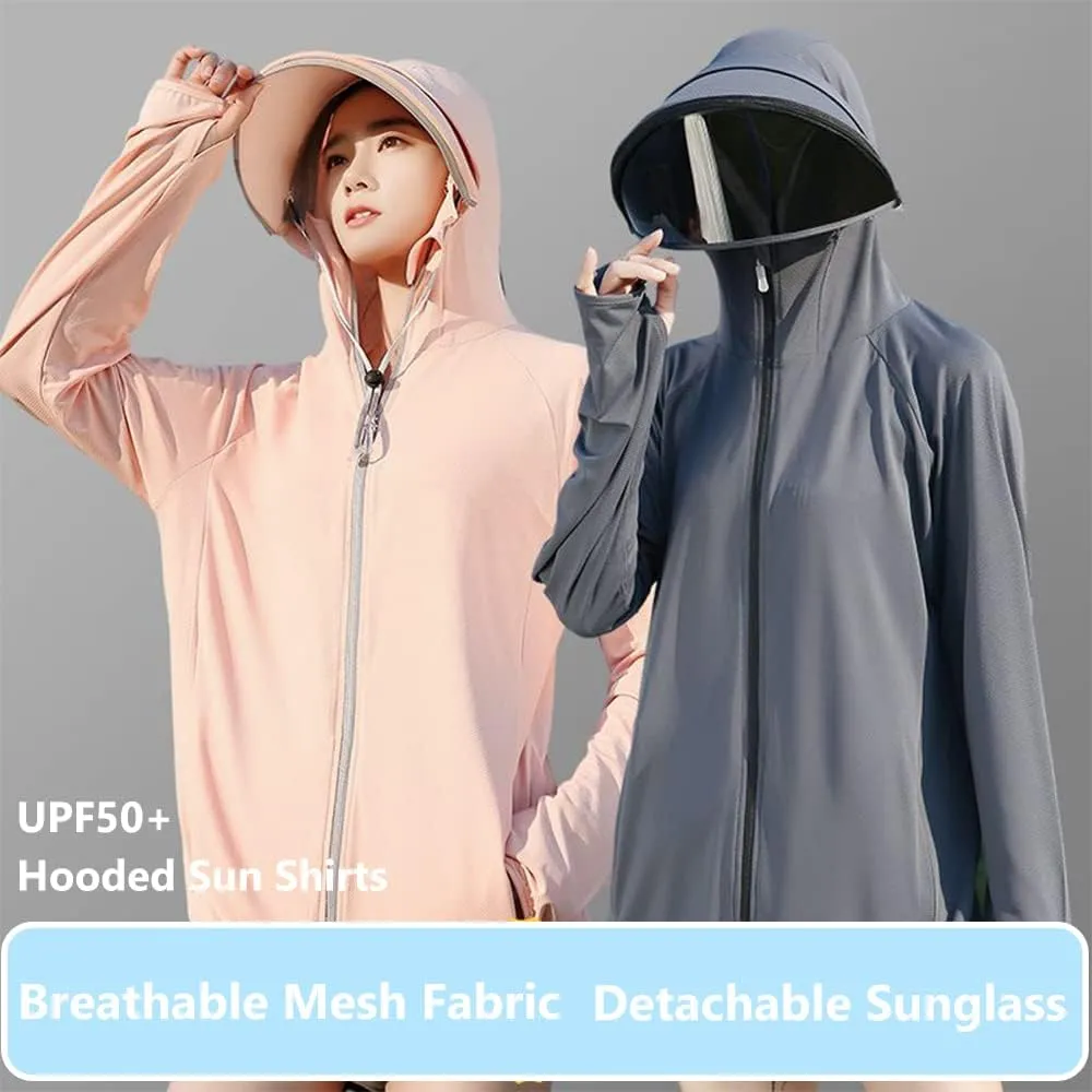 Women's UPF 50  Sun Protection Zip Hoodie Ice-Like Jacket Sunscreen Breathable Sun Shirt Sports Movable Sunglass