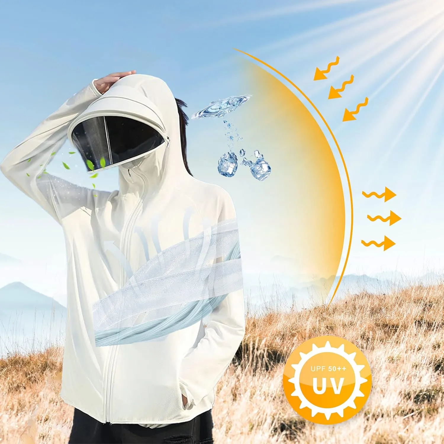 Women's UPF 50  Sun Protection Zip Hoodie Ice-Like Jacket Sunscreen Breathable Sun Shirt Sports Movable Sunglass