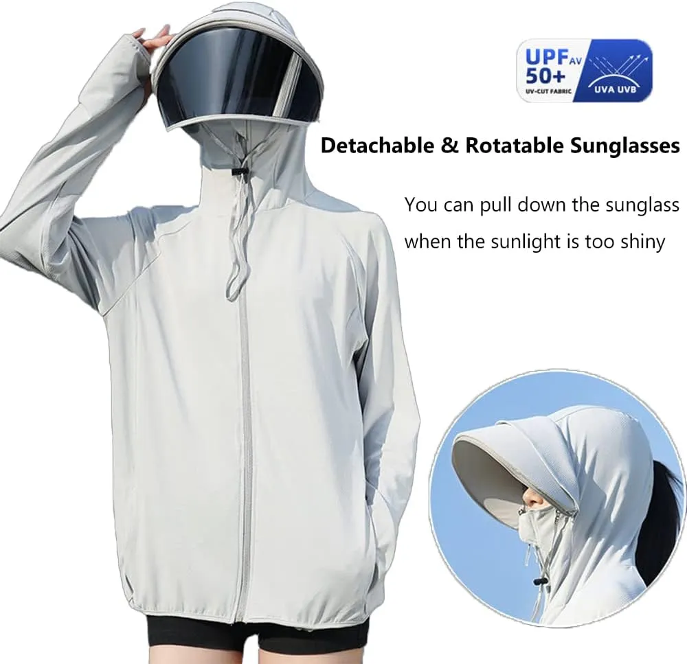 Women's UPF 50  Sun Protection Zip Hoodie Ice-Like Jacket Sunscreen Breathable Sun Shirt Sports Movable Sunglass