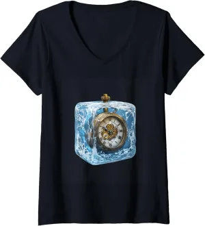 Womens Vintage Pocket Watch In Ice Fantasy Art V-Neck T-Shirt