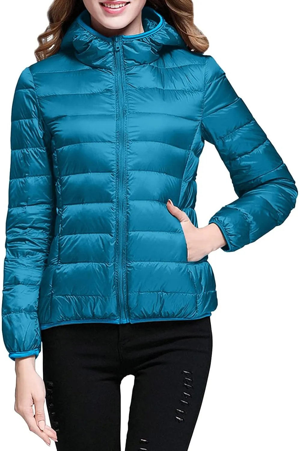 Women's Winter Zip Puffer Jacket Lightweight Packable Hooded Puffer Jacket Warm Down Coats Waterproof Ski Jackets