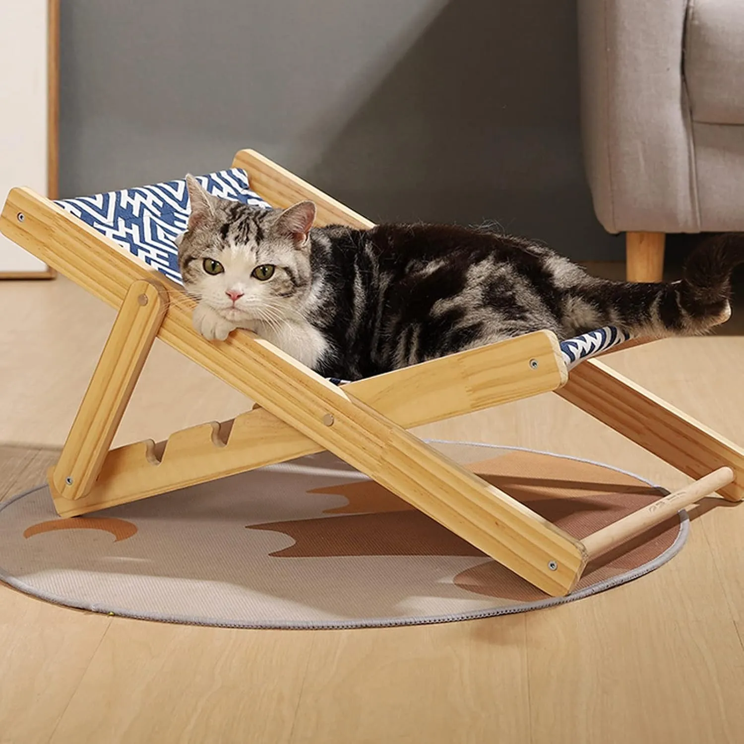 Wooden Cat Hammock Bed, 4 Gears Adjustment Breathable Cat Nest Cat Sleeping Bed, Multifunctional Durable Pet Bed for All Seasons Home Indoor Cats Supplies(Canvas)