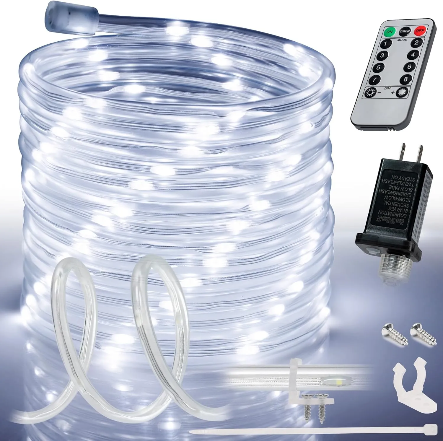 WYZworks 25ft Cool White LED Outside Rope Light - 8 Modes, Waterproof Permanent Outdoor Accent Lighting w/Remote, Flexible Clear Tube, ETL Certified, Exterior Christmas Patio Palm Tree Yard Ambient