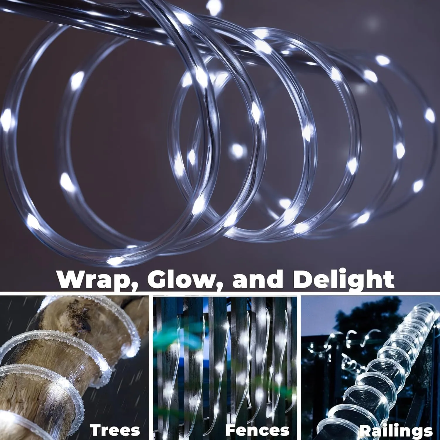 WYZworks 25ft Cool White LED Outside Rope Light - 8 Modes, Waterproof Permanent Outdoor Accent Lighting w/Remote, Flexible Clear Tube, ETL Certified, Exterior Christmas Patio Palm Tree Yard Ambient
