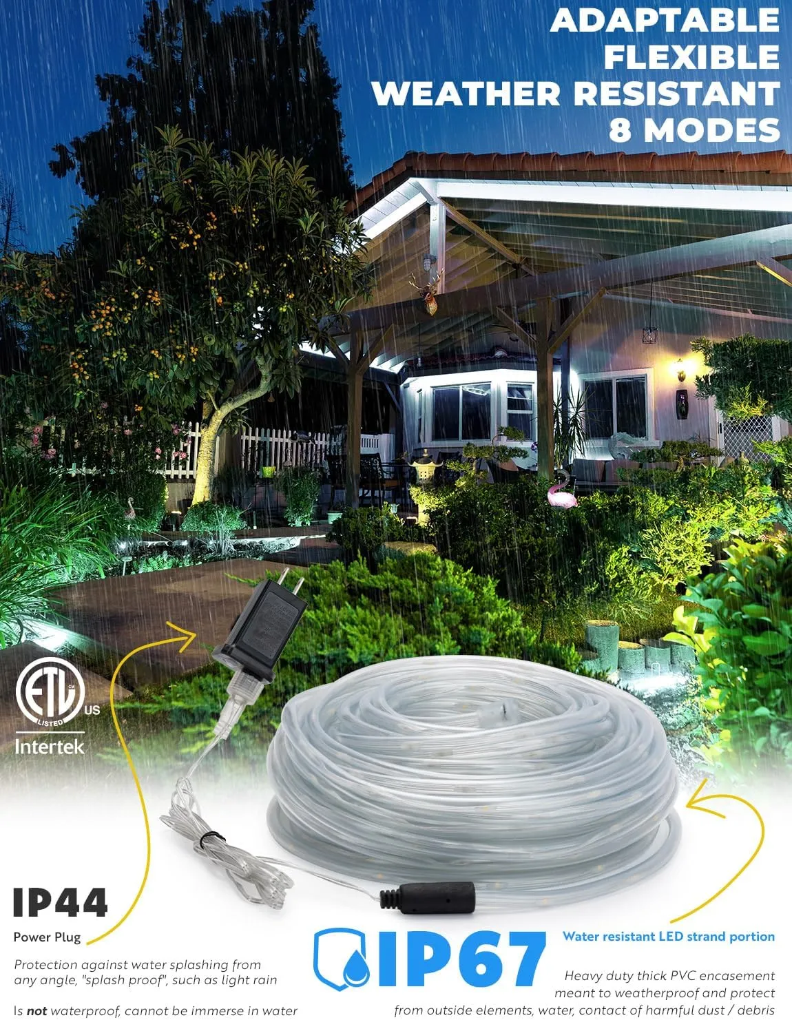 WYZworks 25ft Cool White LED Outside Rope Light - 8 Modes, Waterproof Permanent Outdoor Accent Lighting w/Remote, Flexible Clear Tube, ETL Certified, Exterior Christmas Patio Palm Tree Yard Ambient