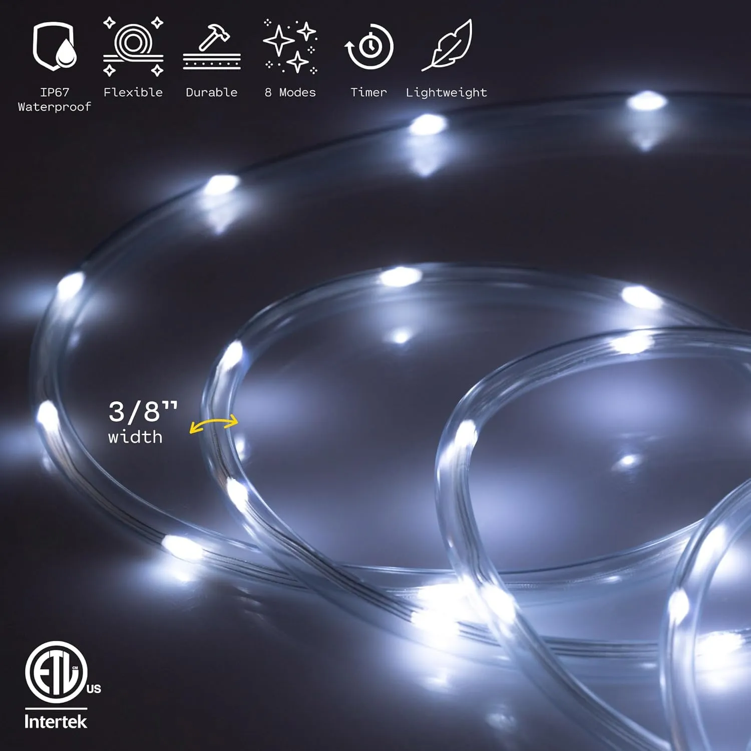 WYZworks 25ft Cool White LED Outside Rope Light - 8 Modes, Waterproof Permanent Outdoor Accent Lighting w/Remote, Flexible Clear Tube, ETL Certified, Exterior Christmas Patio Palm Tree Yard Ambient