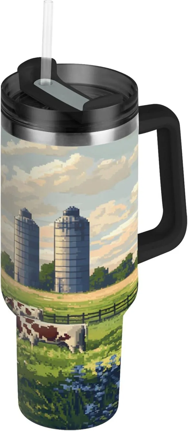 xigua 30 oz Cows Tumbler with Handle and Straw Lid, Stainless Steel Vacuum Insulated Sports Water Bottle, Keeps Cold or Hot Coffee Cup Travel Mug