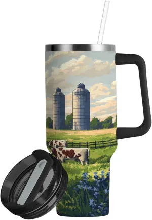 xigua 30 oz Cows Tumbler with Handle and Straw Lid, Stainless Steel Vacuum Insulated Sports Water Bottle, Keeps Cold or Hot Coffee Cup Travel Mug