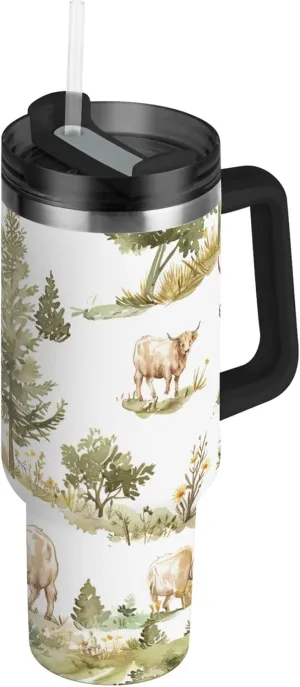 xigua 30 oz Highland Cows Tumbler with Handle and Straw Lid, Stainless Steel Vacuum Insulated Sports Water Bottle, Keeps Cold or Hot Coffee Cup Travel Mug