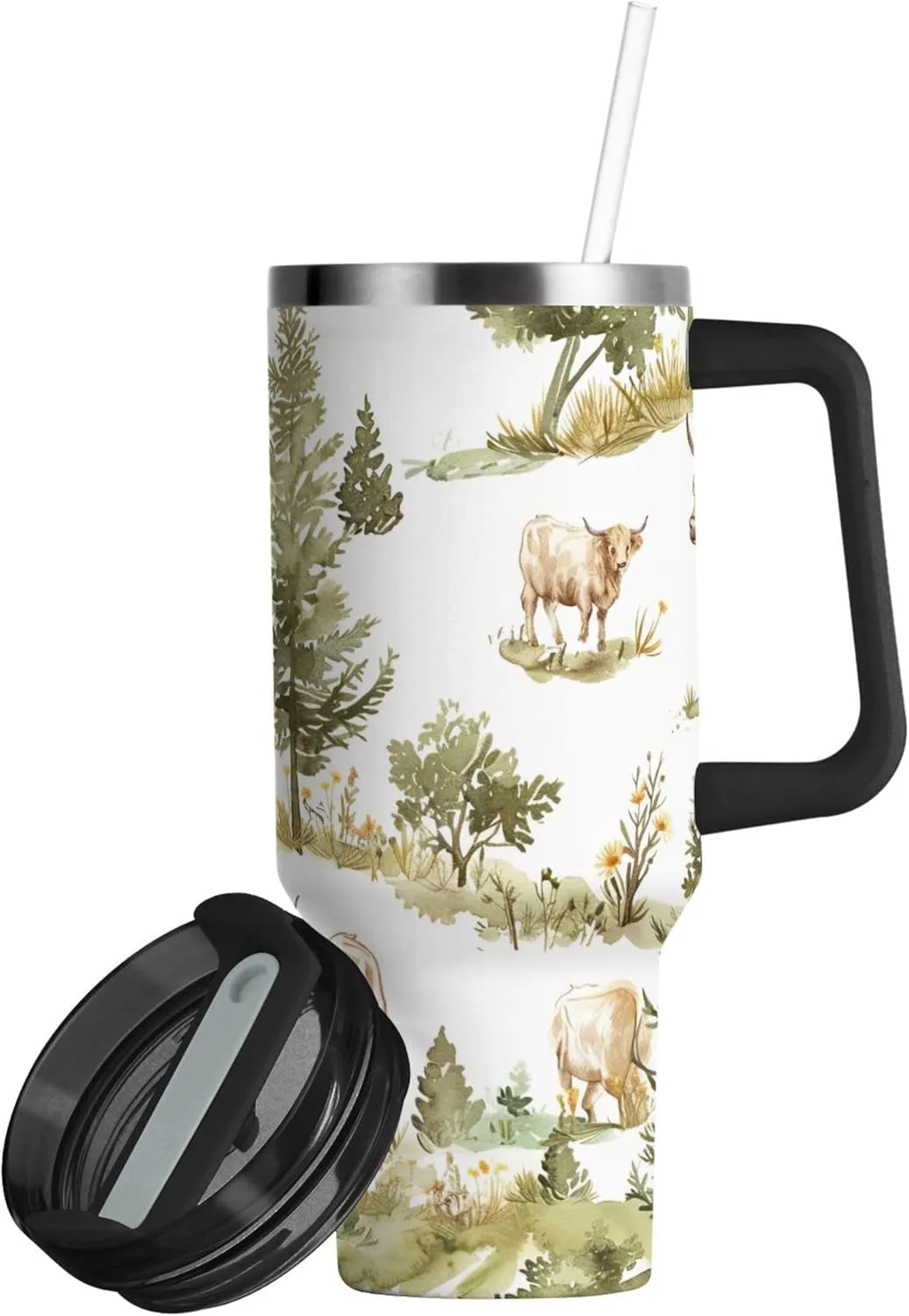 xigua 30 oz Highland Cows Tumbler with Handle and Straw Lid, Stainless Steel Vacuum Insulated Sports Water Bottle, Keeps Cold or Hot Coffee Cup Travel Mug