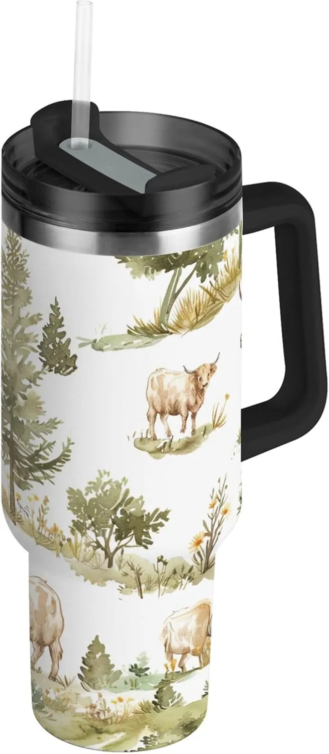 xigua 30 oz Highland Cows Tumbler with Handle and Straw Lid, Stainless Steel Vacuum Insulated Sports Water Bottle, Keeps Cold or Hot Coffee Cup Travel Mug
