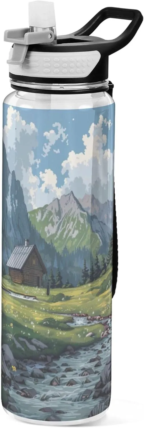 xigua Alpine Landscape Water Bottle with Straw Lid Clear Leakproof Gym Water Bottles for Outdoor Sport Drinking Fitness Workout Travel, 32 oz