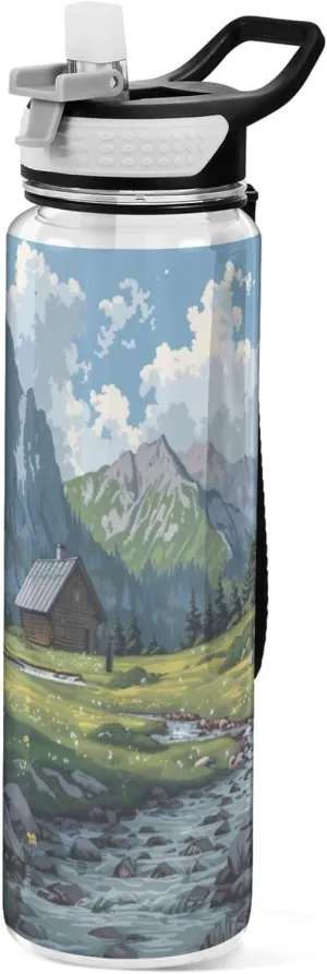 xigua Alpine Landscape Water Bottle with Straw Lid Clear Leakproof Gym Water Bottles for Outdoor Sport Drinking Fitness Workout Travel, 32 oz