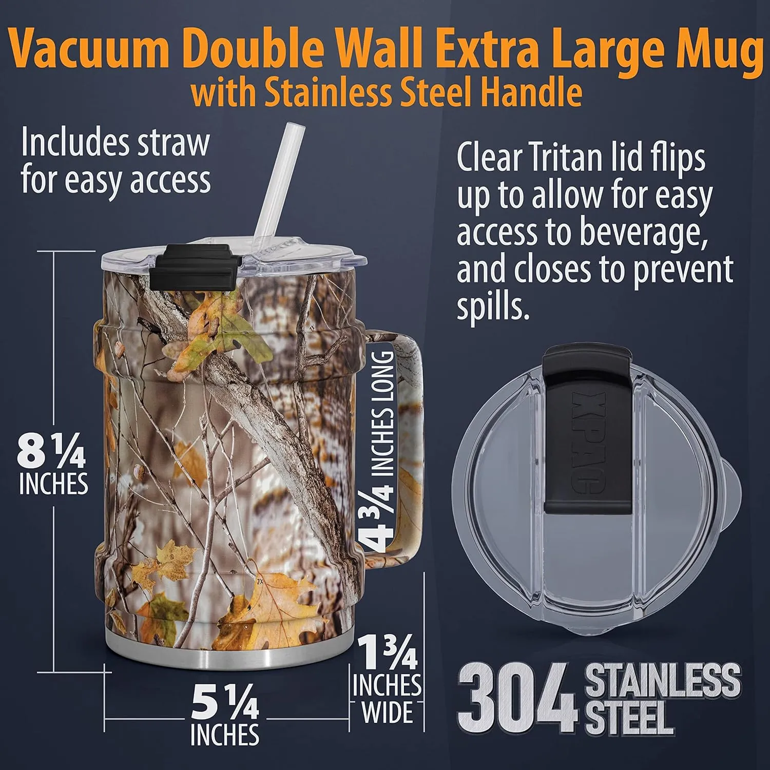 XL 50 Ounce Double Vacuum Wall Stainless Steel Vacuum Insulated Tumbler with Lid and Handle (Camo)