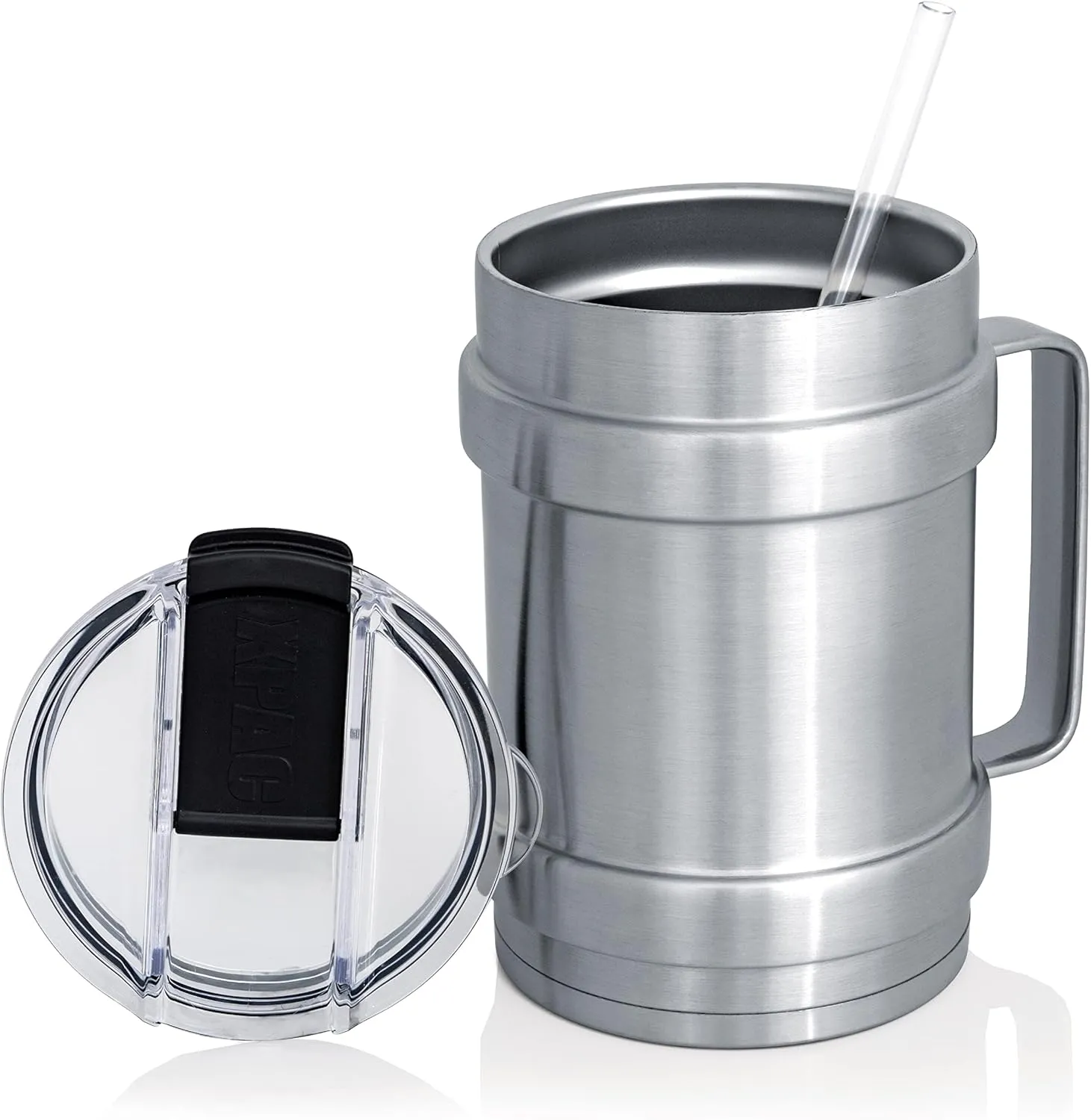 XL 50 Ounce Double Vacuum Wall Stainless Steel Vacuum Insulated Tumbler with Lid and Handle (Silver)