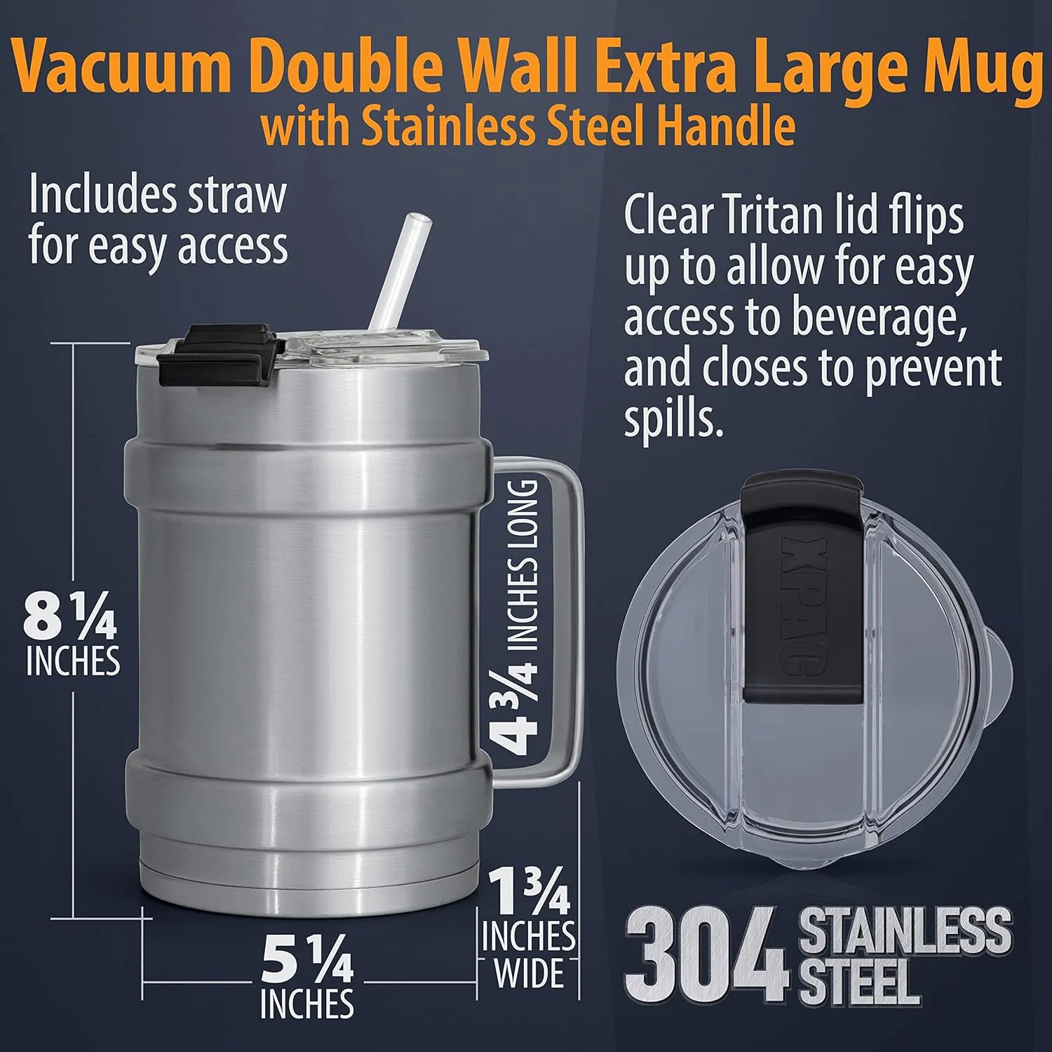 XL 50 Ounce Double Vacuum Wall Stainless Steel Vacuum Insulated Tumbler with Lid and Handle (Silver)