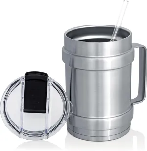 XL 50 Ounce Double Vacuum Wall Stainless Steel Vacuum Insulated Tumbler with Lid and Handle (Silver)