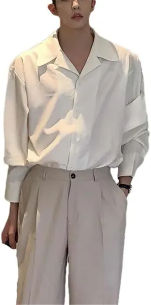 Yeuyyben Ice Silk Drape Cuban Collar Shirt for Men Solid Color Long Sleeve Casual Loose Button Up White Shirt