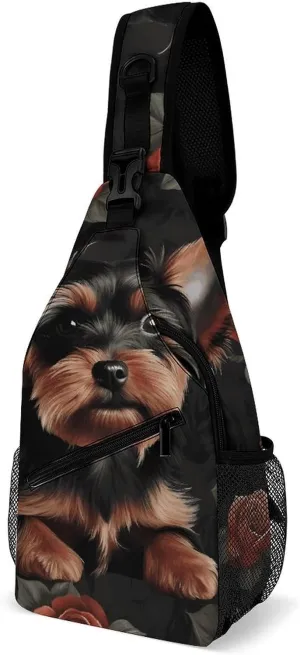 Yorkie Puppy Sling Bag with Rfid Blocking Causal Mens Crossbody Bag Lightweight Chest Pack Large Man Purse Travel Crossbody Backpack Shoulder Sling Backpack for Hiking Running Cycling