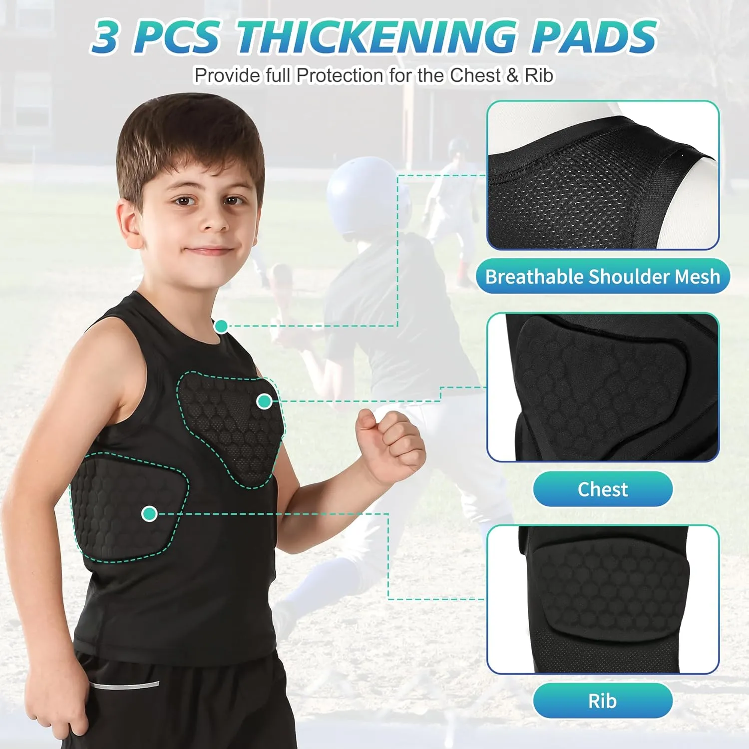 Youth Baseball Chest Protector, Heart Sternum Rib Guard Padded Compression Shirt with 3-Pad for Softball Football Baseball Lacrosse Rugby