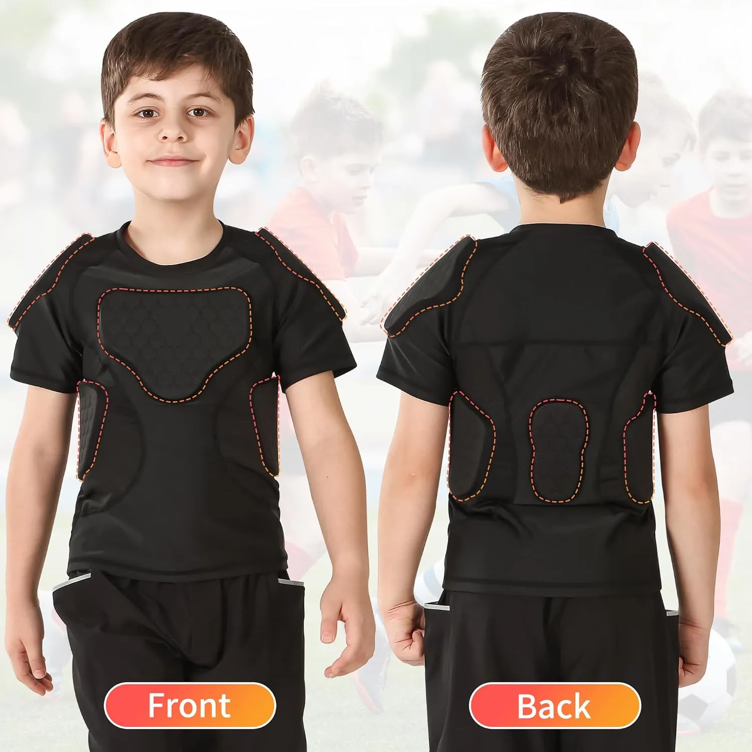 Youth Padded Compression Shirt, Football Padded Shirt, Chest Rib Protector with 6-Pad for Sports Football Baseball Lacrosse Rugby