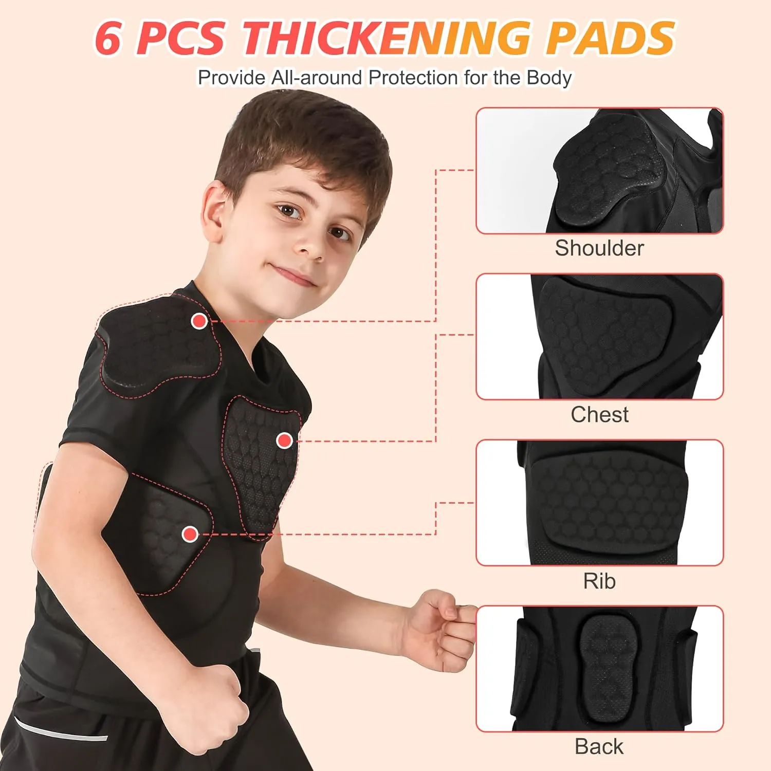 Youth Padded Compression Shirt, Football Padded Shirt, Chest Rib Protector with 6-Pad for Sports Football Baseball Lacrosse Rugby