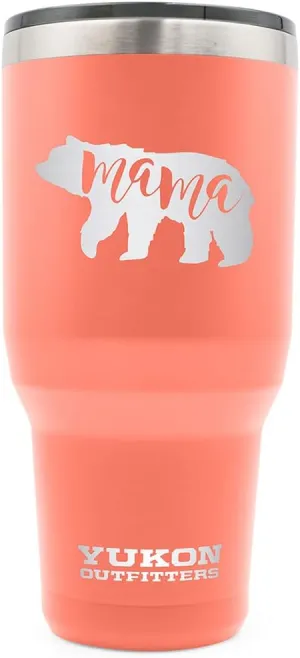 Yukon Outfitters Freedom High Grade 18/8 Stainless Steel Double Wall Vacuum Insulated Tumbler (40oz / 1183ml) - 8.8" H x 4.2" Top Dia. / 3" Bottom Dia., Coral with 'Mama Bear' engraved