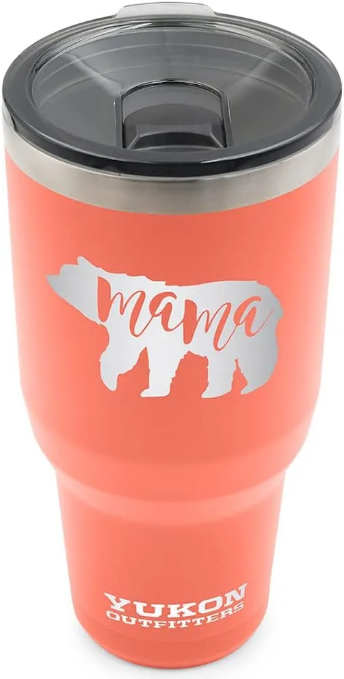 Yukon Outfitters Freedom High Grade 18/8 Stainless Steel Double Wall Vacuum Insulated Tumbler (40oz / 1183ml) - 8.8" H x 4.2" Top Dia. / 3" Bottom Dia., Coral with 'Mama Bear' engraved