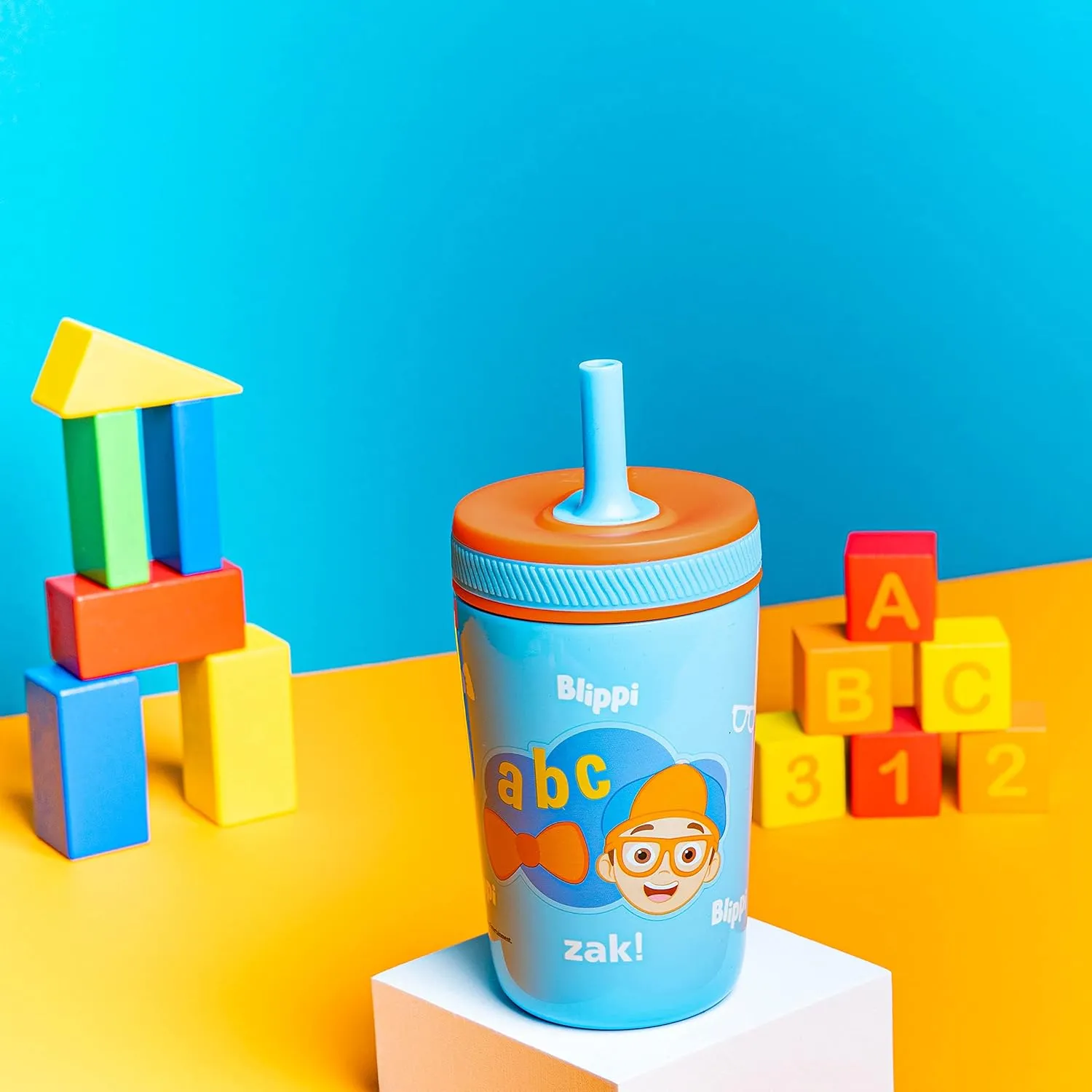 Zak Designs Blippi Kelso Toddler Cups For Travel or At Home, 12oz Vacuum Insulated Stainless Steel Sippy Cup With Leak-Proof Design is Perfect For Kids (Blippi)