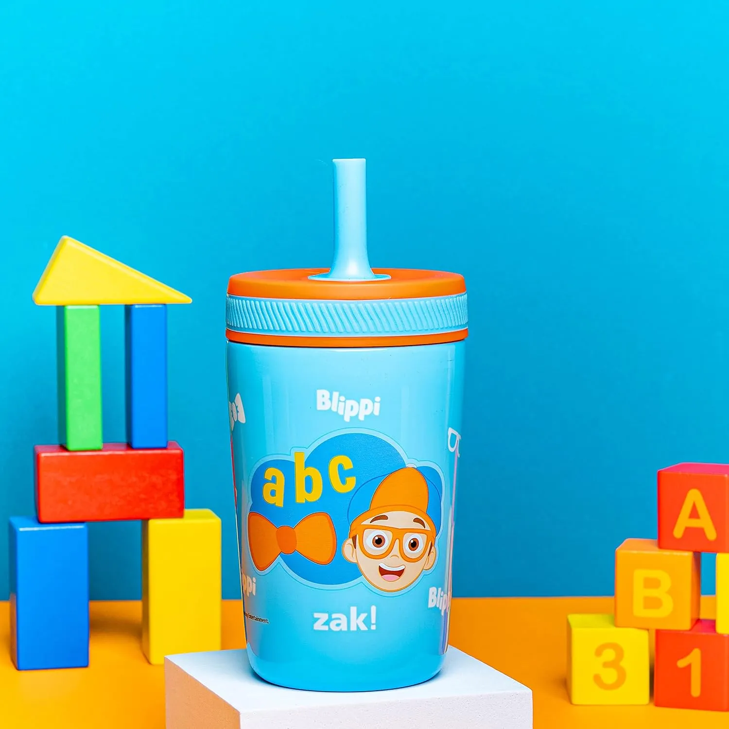 Zak Designs Blippi Kelso Toddler Cups For Travel or At Home, 12oz Vacuum Insulated Stainless Steel Sippy Cup With Leak-Proof Design is Perfect For Kids (Blippi)