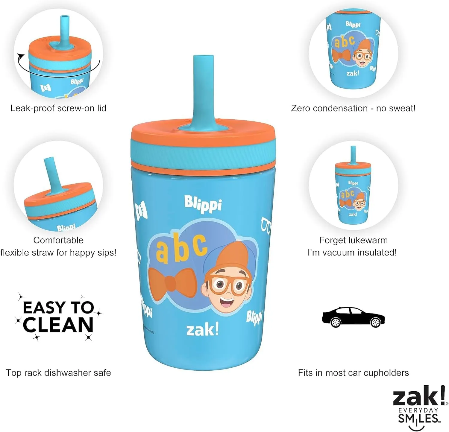 Zak Designs Blippi Kelso Toddler Cups For Travel or At Home, 12oz Vacuum Insulated Stainless Steel Sippy Cup With Leak-Proof Design is Perfect For Kids (Blippi)