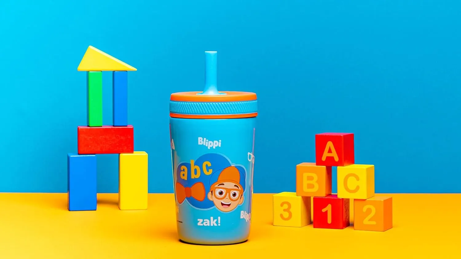 Zak Designs Blippi Kelso Toddler Cups For Travel or At Home, 12oz Vacuum Insulated Stainless Steel Sippy Cup With Leak-Proof Design is Perfect For Kids (Blippi)