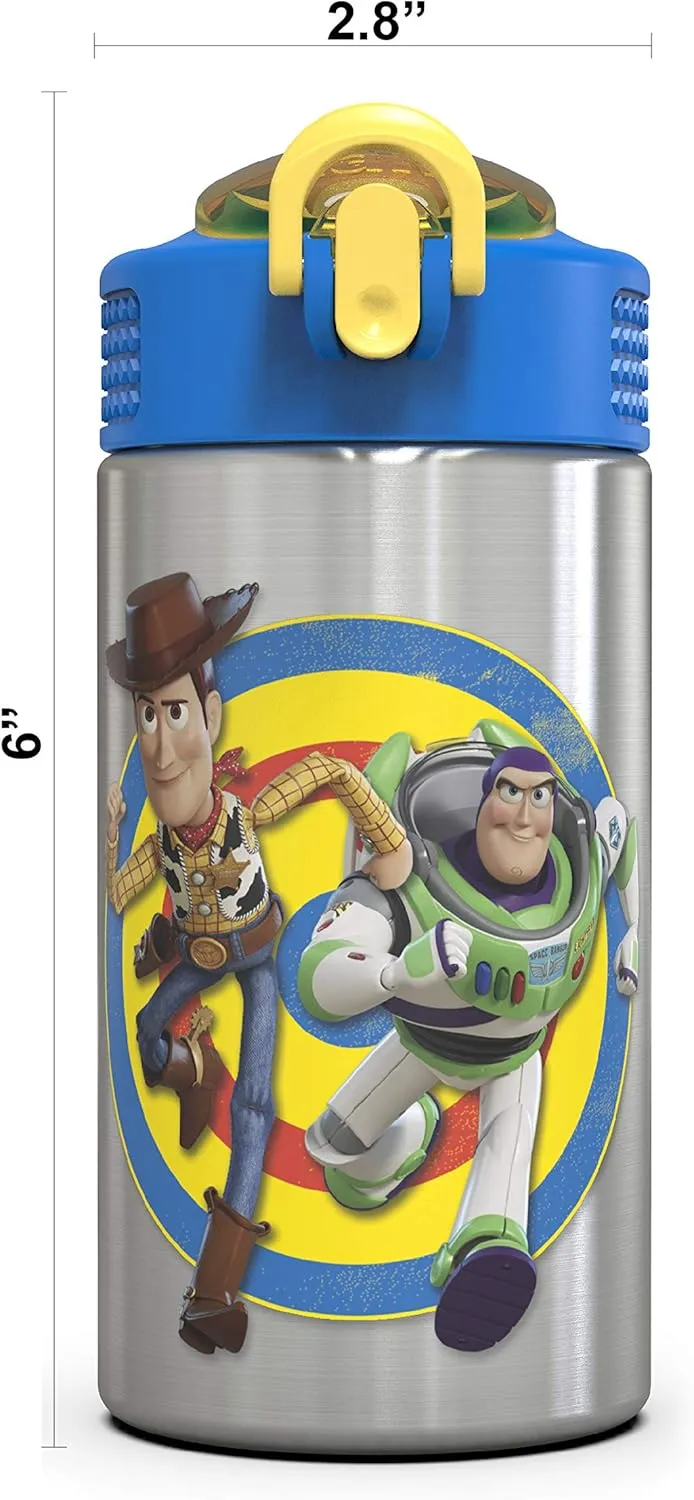 Zak Designs Toy Story 4 Buzz & Woody 15.5 ounce Water Bottle, One Hand Operation Action Lid and Built-in Carrying Loop, with Straw is Perfect for Kids