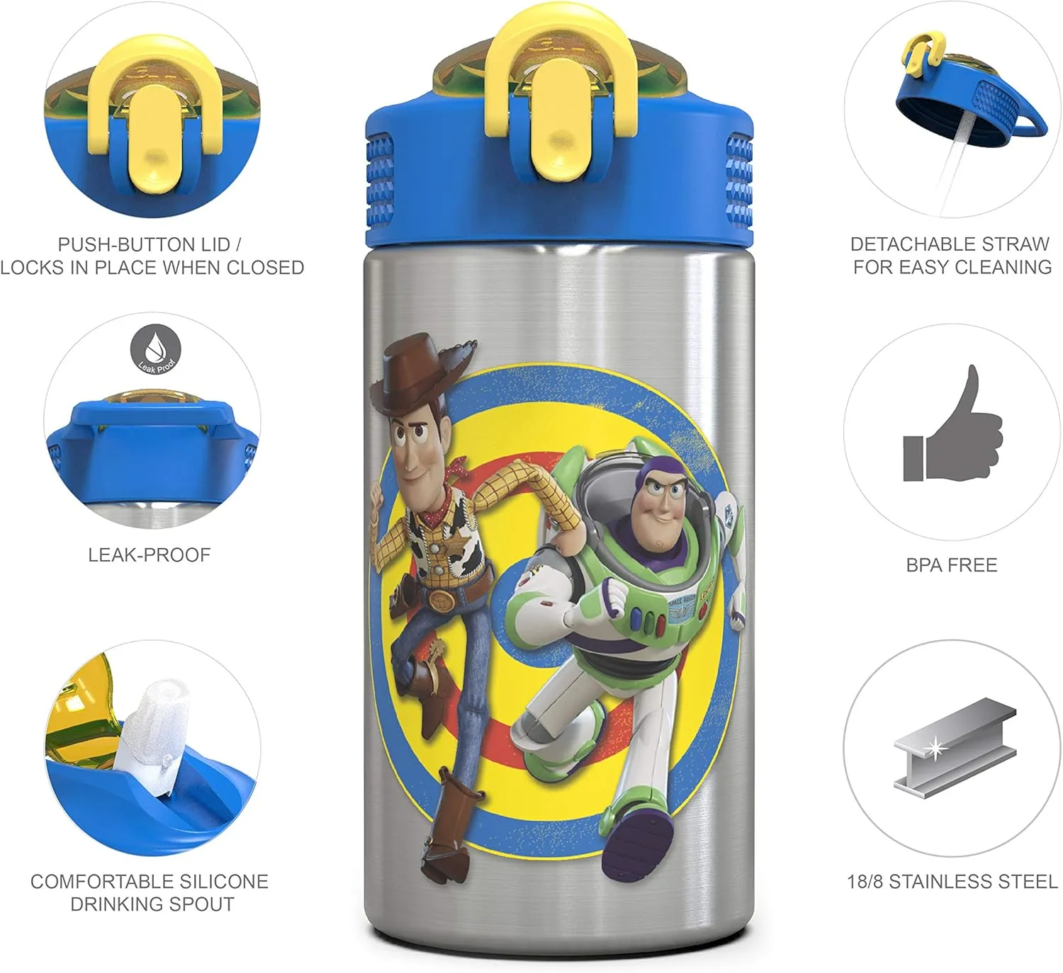 Zak Designs Toy Story 4 Buzz & Woody 15.5 ounce Water Bottle, One Hand Operation Action Lid and Built-in Carrying Loop, with Straw is Perfect for Kids